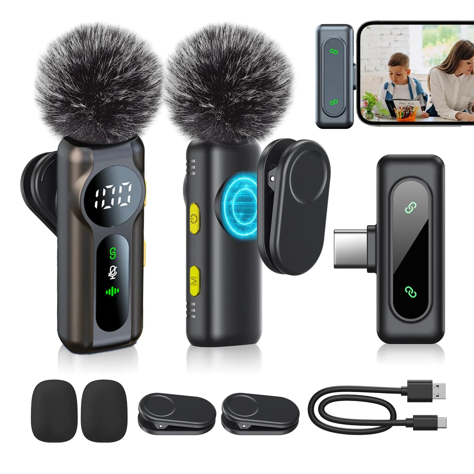 2 Pcs Wireless Lavalier Microphones for Iphone, Android, Ipad - Mini Wireless Clip-On Microphones Crystal Clear Sound Quality for Recording, Live Streaming,Vlog