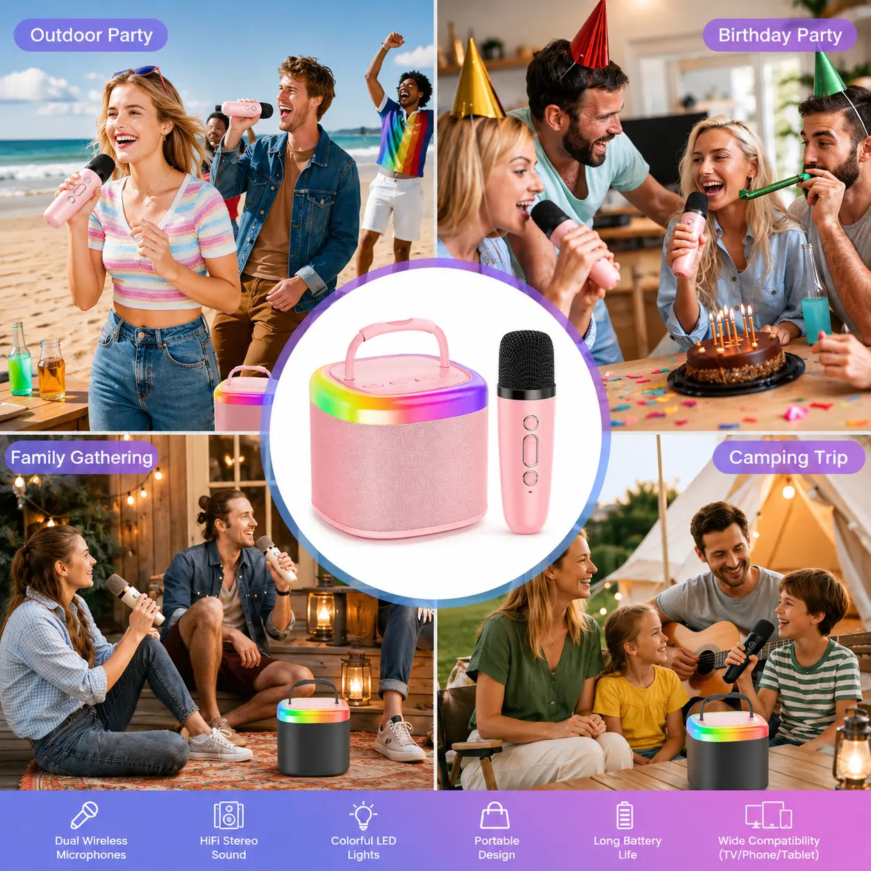 [100% Original] JYX D17 Mini Karaoke Machine Bluetooth Speaker with Wireless Microphones, Powerful Bass & RGB Lights | Portable KTV System for Summer Outdoor Parties, Family Fun & Gifts for Men and Women Mothersdaygift Summerwins Dealsforyoudays